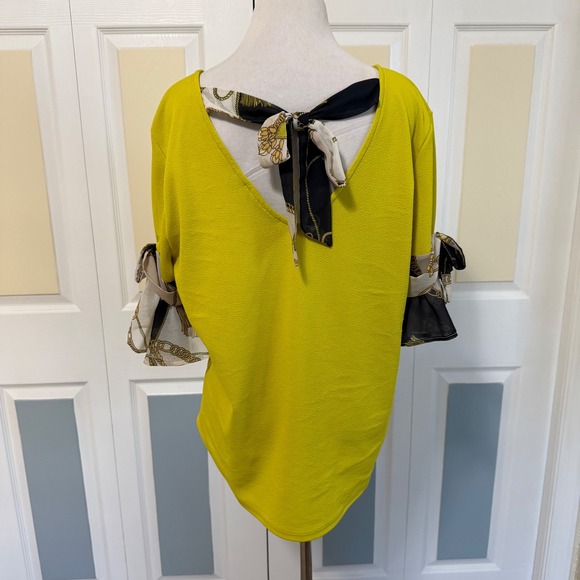 7th Avenue New York Company Yellow Textured V-Neck Top Scarf Tie Sleeves Size L - Picture 3 of 8